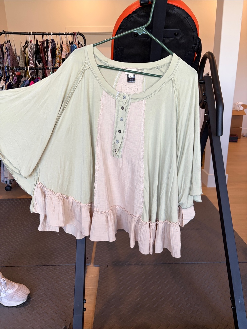 POL Light Sage & Cream Ruffled Henley Tunic
